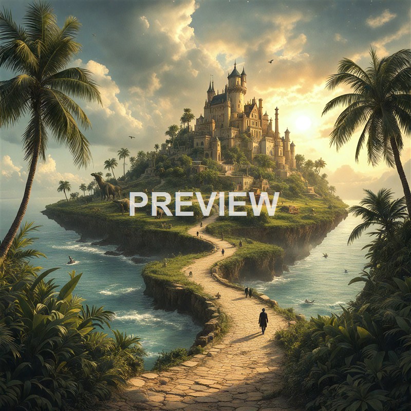 A majestic castle is situated on a lush, green island connected by a winding stone path, with tropical palm trees, elephants, and people walking along the path under a dramatic sky with the sun setting or rising.